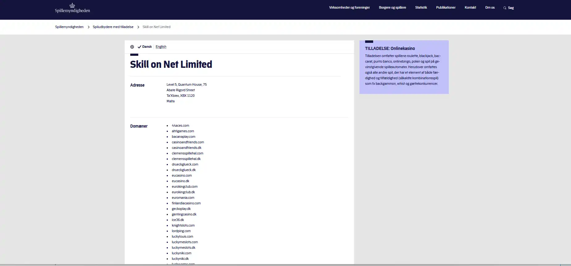 Spillemyndighedens registerside for Skill On Net Limited med playtoro.com