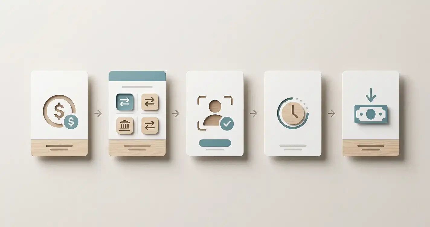 Neutral illustration af en PlayToro udbetalingsproces fra saldo til verificering og modtagelse