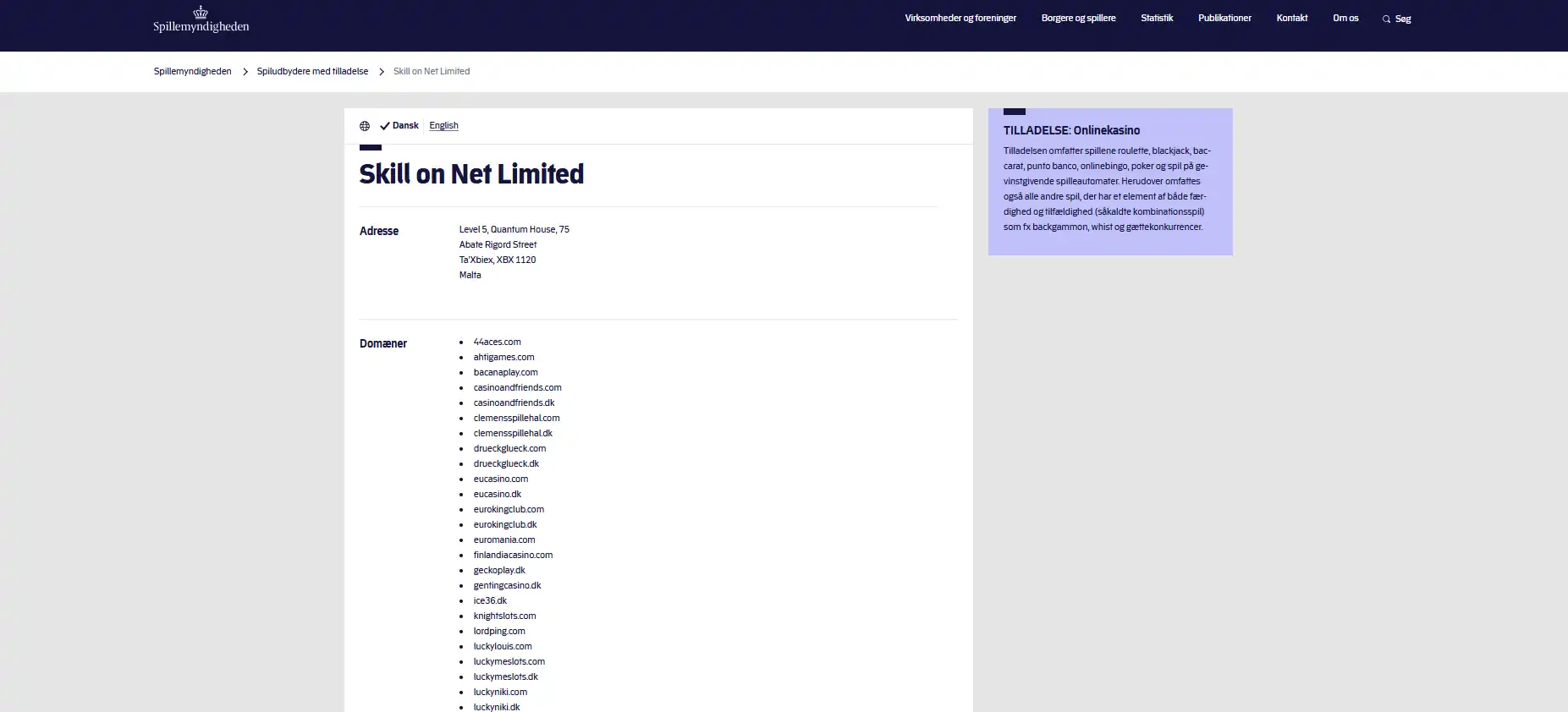 Spillemyndighedens registerside med playtoro.com under Skill on Net Limited