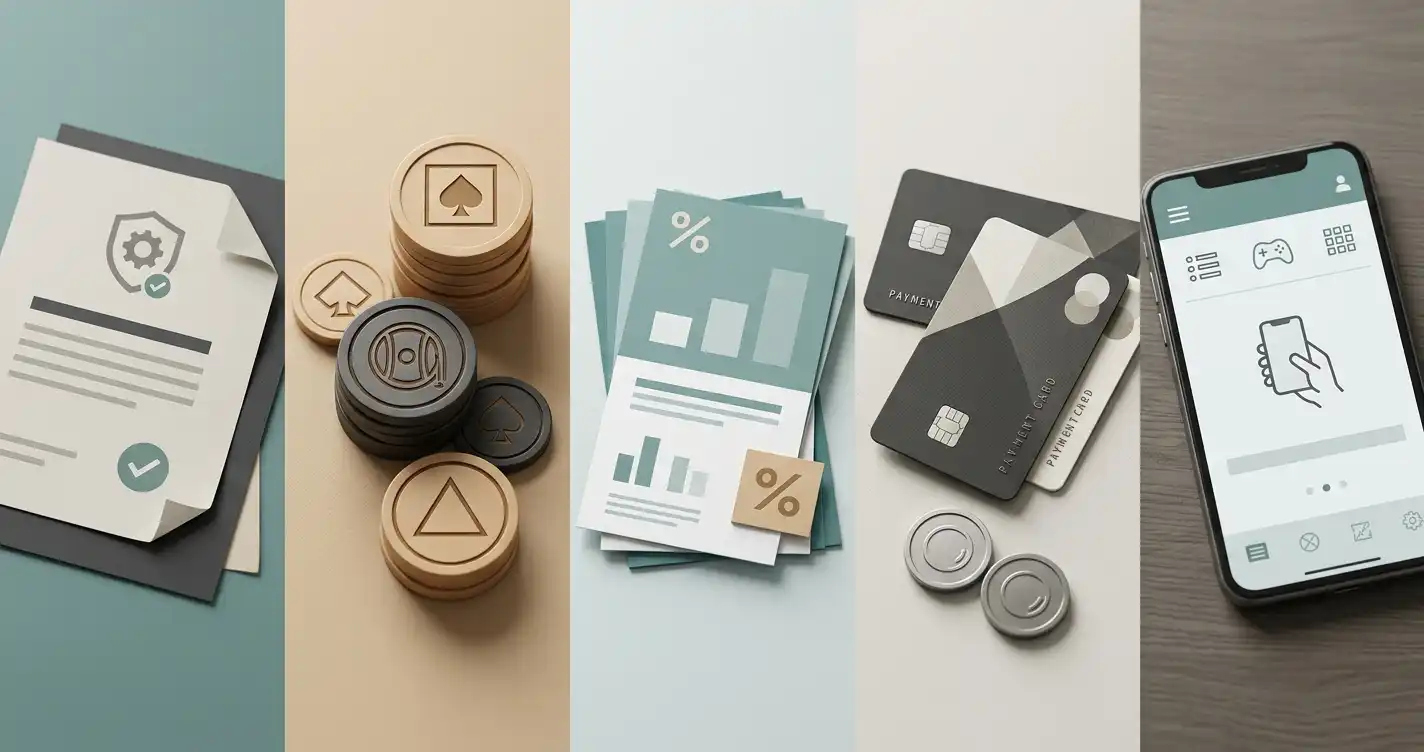 Neutral illustration af licens, spil, bonus, betaling og mobil som beslutningspunkter for danske casinospillere